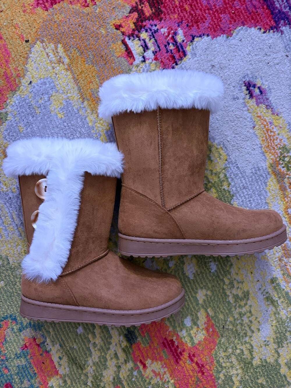 SO Chestnut Faux Suede Ankle Boots with White Faux Fur Trim